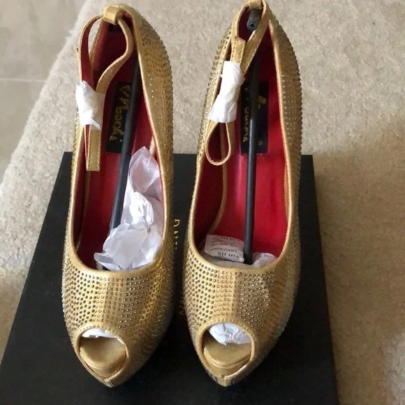 Golden Rhinestone, Chrystal,Mary Jane high heels platform peep toes. - Picture 4 of 5